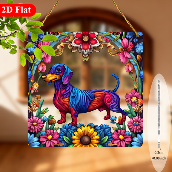2D Flat, 1pc Dachshund Dog Suncatcher Ornament - 8 Inch Square Acrylic Window Hanging Art with Vibrant Dachshund Floral Sunburst Design, Colorful Cartoon Dog Decor for Home, Garden, Christmas