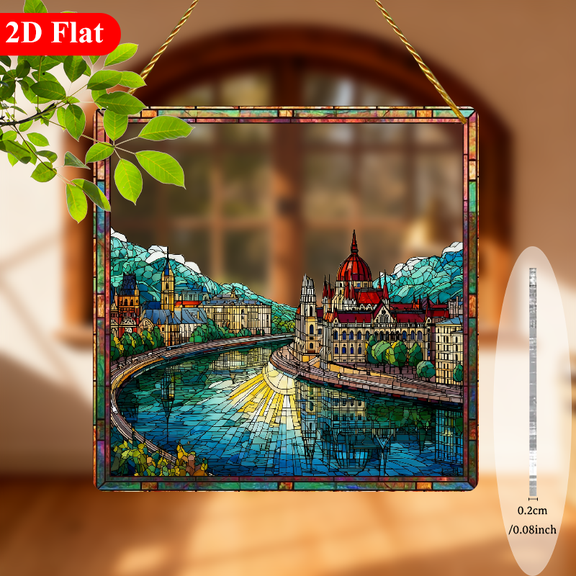 2D Flat, 1pc Danube River Landscape Suncatcher - 8-Inch Square Window Hanging Ornament with Danube River Scenery, Frameless European Themed Decoration for, Birthday Gift for Danube Countries