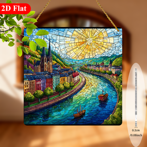 2D Flat, 1pc Danube River Landscape Suncatcher - 8-Inch Square Window Hanging Plaque with St Stephens Cathedral Austrian Alps Design, European River Scene, Birthday Gift for GermanyAustriaLake Cons