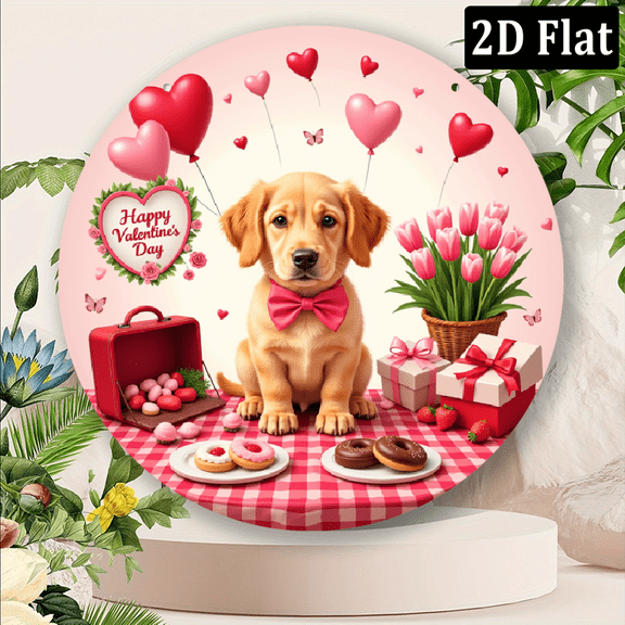 2D Flat 1pc Decorative Signs&Plaques A Vintage 8-Inch Round Metal Aluminum Sign Featuring a Labrador Puppy Wearing a Large Pink Bow Tie, Perfect for Home And Wall Decor Art Ideal Choice for Bars