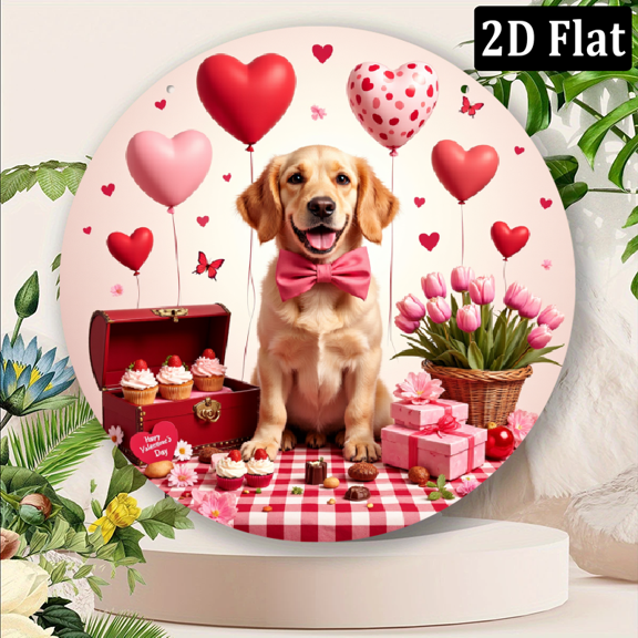 2D Flat 1pc Decorative Signs&Plaques A Vintage Reusable Classic 8-Inch Round Metal Aluminum Sign Featuring a Labrador Puppy Wearing a Large Pink Bow Tie, Perfect for Home And Wall Decor Art Ideal