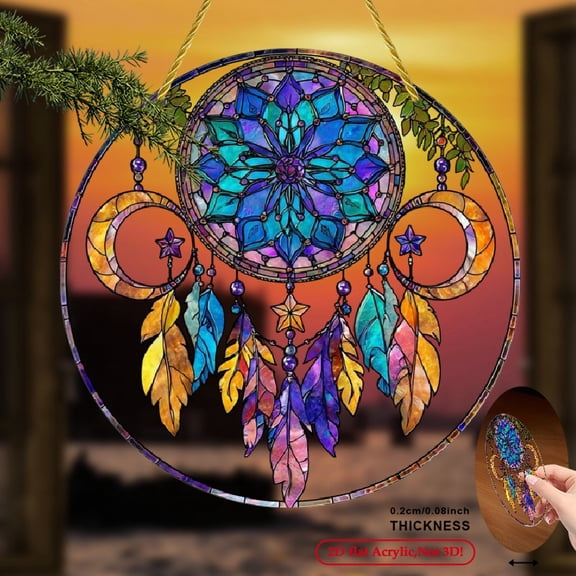 2D Flat 1pc Dream Catcher Sun Catcher, 8x8 Inch Round Acrylic Sign, Colorful Glass Style Window Hanging Decoration, Perfect for Home Decor and Spiritual Space - Bohemian Home