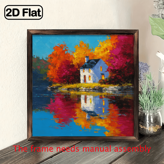 2D Flat - 1pc Dreamy Autumn Cottage Lake House Reflection Wall Art, Vintage Wooden Frame Sign, Romantic Style Home Decor for Living Room, Bedroom, Office, Farmhouse - Easy to Ha