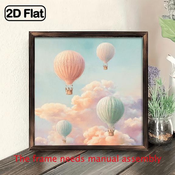 2D Flat - 1pc Dreamy Hot Air Balloons Pastel Clouds Wall Art, 8x8 Inch Romantic Style Decorative Sign, Vintage Wooden Frame, Summer Theme Decor for Bedroom, Living Room.