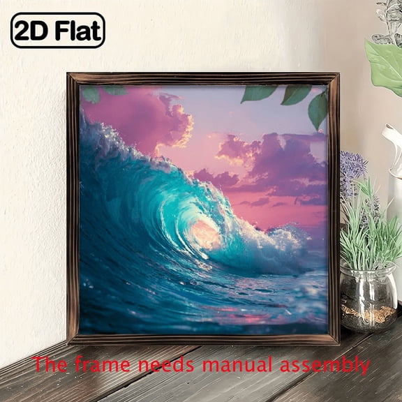 2D Flat, 1pc Dreamy Ocean Wave Sunset Wooden Frame Wall Art - Retro Beach Theme Decor, 8x8 Inch Recycled Wood Wall Hanging for Bedroom, Living Room, Bathroom, Office, Decorative Sign