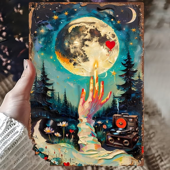 2D Flat, 1pc Dreamy Romantic Moonlight Metal Wall Art Plaque - 8x10 Inch Vintage Tin Plate Decor with Hand-Painted Starry Sky, Full Moon & Whimsical Forest Scene, Durable Iron Indoor/Outdoor Home or G