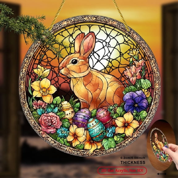 2D Flat - 1pc Easter Bunny Eggs Stained Glass-Style Acrylic Suncatcher - Round Window Hanging with Vibrant Flowers Butterflies, Perfect for Garden, Housewarming, Valentine'S Day Gift, 8x8 Inches