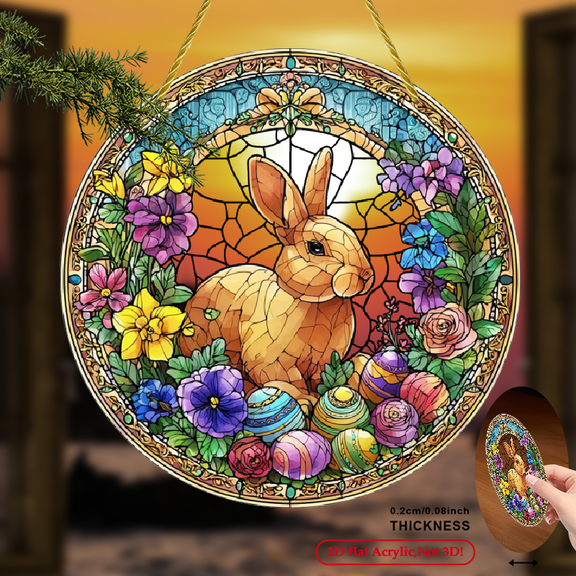 2D Flat - 1pc Easter Bunny Eggs Stained Glass-Style Acrylic Suncatcher - Round Window Hanging with Vibrant Flowers Butterflies, Perfect for Garden, Valentine'S Day Gift, 8x8 Inches