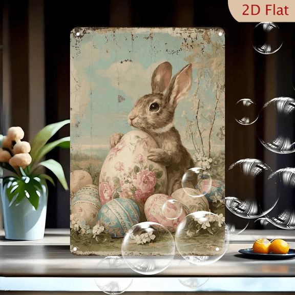 2D Flat 1pc Easter Bunny Vintage Metal Tin Sign, 8x12 inch, Rustic Iron Wall Art, Festive Rabbit with Eggs Design, Home Garden Decor.