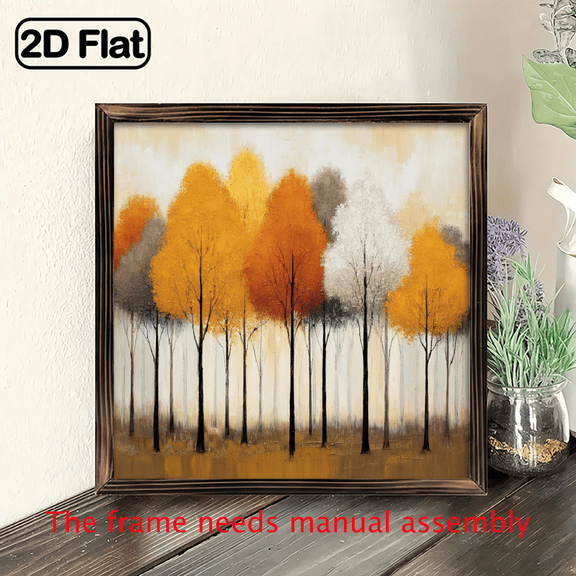 2D Flat, 1pc Elegant Autumn Trees Wooden Framed Wall Art - 8x8 Inch Rustic Farmhouse Style Fall Decor with Orange, Yellow, Brown Decorative Signs & Plaques