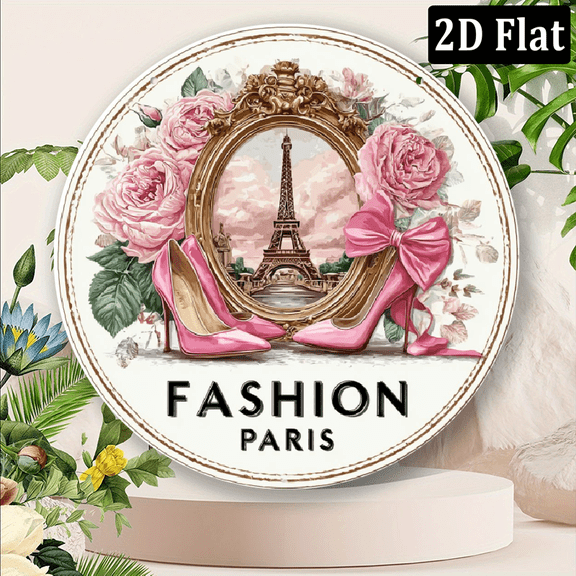 2D Flat, 1pc Elegant Paris Fashion 8x8in Aluminum Wall Plaque - Chic High Heels Roses Design with Eiffel Tower View, Waterproof Fade-Resistant Metal Decor for Home, Office, Bathroom, Paris Room