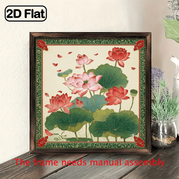 2D Flat, 1pc Enchanting Lotus Floral Wood Sign - 8x8 Inch Square Framed Wall Art with Pink Green Lotus Flowers, Background - Decor for Living Room, Bedroom.