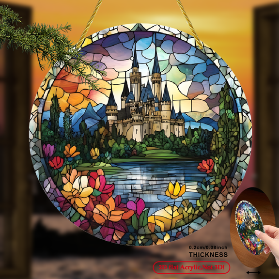 2D Flat 1pc, Fairy Tale Castle Sun Catcher, Garden and Home Decor Sun Catcher, 8x 8inch Window Hanging Decoration, Magical Fantasy Atmosphere, Suitable for Living Room, Bedroom