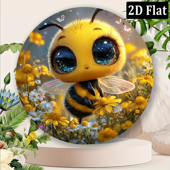 2D Flat, 1pc Fantasy Bee Metal Sign, Round Aluminum Wall Art, Waterproof Vintage-Inspired Decorative Plaque for Home, Garden, Cafe - Unique Gift Idea, Bee Decor 8*8in