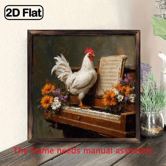 2D Flat, 1pc Farmhouse Chicken Floral Canvas Wall Art - 8x8 Inch Rustic Wood Framed Wall Decor with Vibrant Floral Design, Perfect for Bedroom, Living Room, Or Kitchen - Indoor Use,