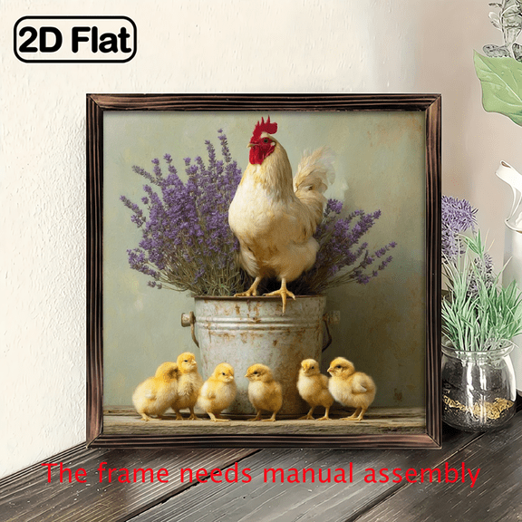 2D Flat, 1pc Farmhouse Chicken Lavender Wall Art - Rustic Rooster Chicks Painting in Sweet Wood Frame, 8x8 Inch Square Country Kitchen Decor, Vertical Hanging Artificial Wood Sign for Living Roo