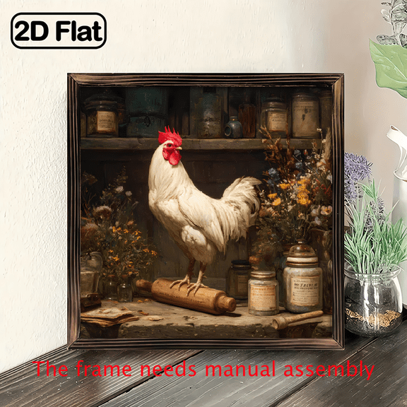 2D Flat, 1pc Farmhouse Chicken Rooster Framed Wall Art 8x8 Inch Rustic Wood Frame Country, Vintage Rooster Egg Motif for Bedroom,, Farmhouse Decor - Horizontal Wood Panel Hanging Picture, 2D Flat
