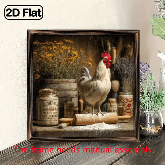 2D Flat, 1pc Farmhouse Chicken Rooster Framed Wall Art - 8x8 Inch Rustic Wood Frame Country, Vintage Rooster Egg Motif for Bedroom, Farmhouse Decor, Perfect Festive Gift.