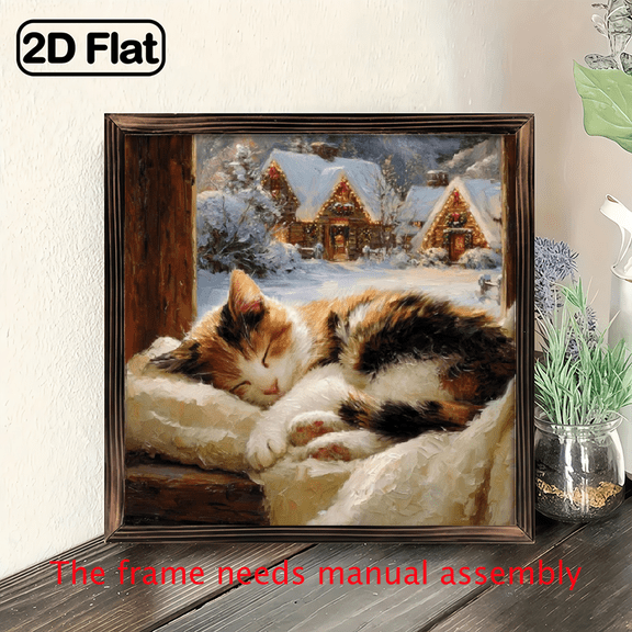 2D Flat, 1pc Farmhouse Christmas Cat Wall Art - Sleeping Tabby Cat in Snowy Landscape Wooden Framed Poster, 8x8 Inch Rustic Country Style Holiday Decoration for Living Room, Bedroom.