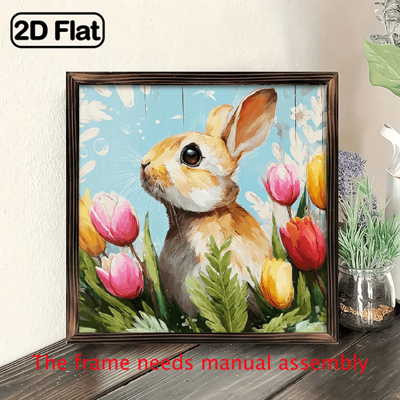 2D Flat, 1pc Farmhouse Easter Bunny Wall Art - Rustic Wooden Framed 2D Flat Painting with Bunny Tulips on Blue Background, 8x8 Inch Suitable for Easter, Spring, Christmas Decor - Wood Sign for Por