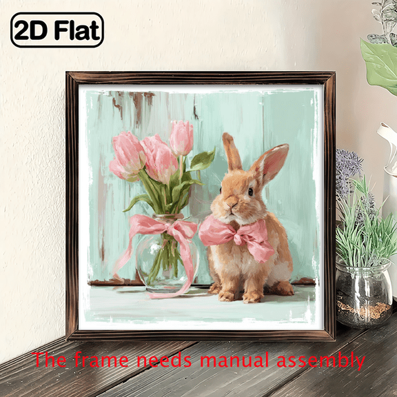 2D Flat, 1pc Farmhouse Easter Bunny Wall Art with Tulips Eggs - Rustic Wooden Framed Spring Sign Suitable for Easter, Spring, Christmas, Valentine's Day - 8x8 Inch Wood Painting for Home, Porch, C