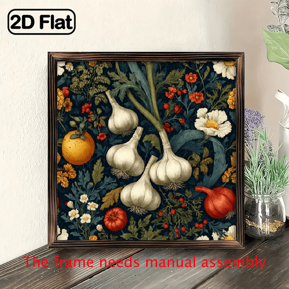2D Flat, 1pc Farmhouse Floral Garlic Wall Art - Rustic Vegetable Flower Framed Painting, 8x8 Inch Artificial Wood Square Sign with Onion Herb Design, Hanging Kitchen Decor.