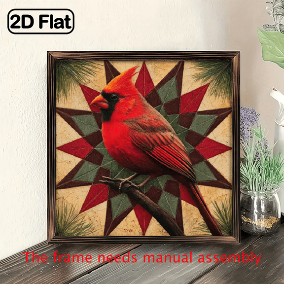 2D Flat 1pc Farmhouse Style Barn Quilt Star Stripe Wooden Sign with Frame - Red Cardinal Bird Design, Geometric Patterns, Polished Finish, 8x8 Inch Rustic Wall Decor for Bedroom, Garage, Office -