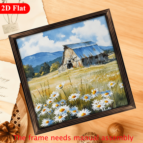 2D Flat, 1pc, Farmhouse Style Old Barn Surrounded By Daisies Spring Decor Wooden Sign 12x12 inch, with Frame Decorative Sign Desktop Ornament, Party Decoration Supplies for Living Room Office De