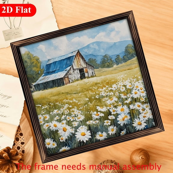 2D Flat, 1pc, Farmhouse Style Old Barn Surrounded By Daisies Spring Decor Wooden Sign 12x12 inch, with Frame Decorative Sign Desktop Ornament, Party Decoration Supplies for Living Room Office De
