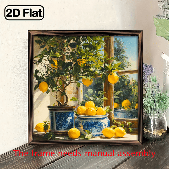 2D Flat, 1pc Farmhouse Style Wooden Lemon Tree Landscape Art Sign - Framed 8x8 Inch SpringSummer Decorative Wall Art for Home, Kitchen, Garage, Office - Ideal Holiday Gift, Lemon Kitchen Decor