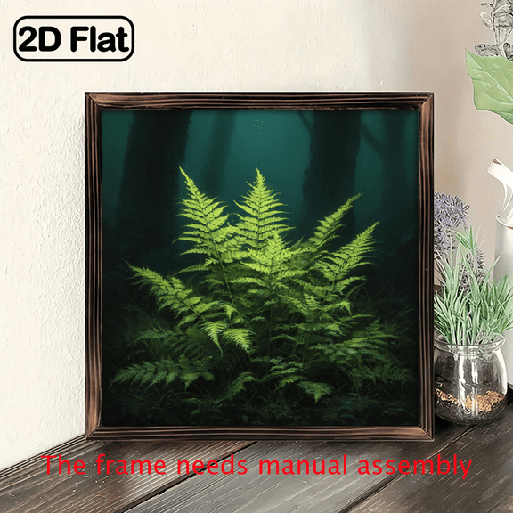 2D Flat, 1pc Fern Plant Wood Framed Wall Art - 8x8 Inch Square Green Foliage Panel, Fern Leaf Painting in Olive-Green Tones, Artificial Wood Frame for Outdoor Botanical Decor (Entryway, Living R