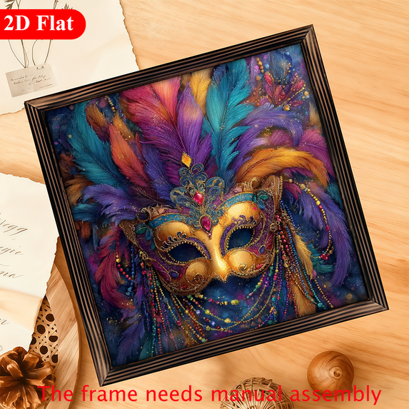 2D Flat 1pc Festive Carnival Mardi Gras Mask Wooden Frame Sign, 12x12 Inch - Vibrant Feather Bead Detail, Ideal for Party Decorations, Living Room Office Wall Art, Perfect Holiday Gift 2D Flat