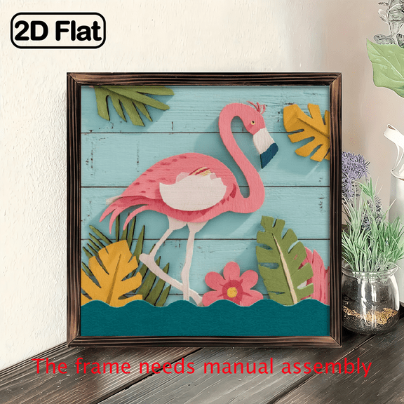 2D Flat, 1pc Flamingo Wood Framed Sign - Rustic Distressed 8x8 Inch Summer Beach House Decor, Tropical Flamingo Palm Leaf Design on Recycled Wood, Wall-Mountable for Kitchen Restaurant Farmhouse