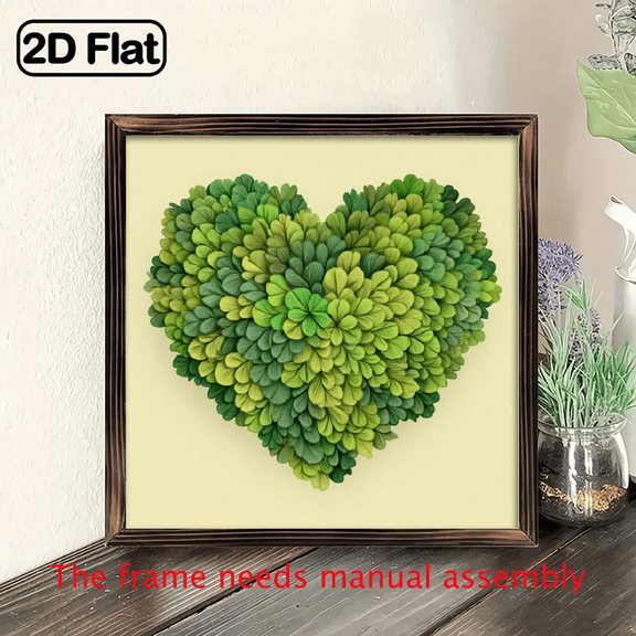 2D Flat, 1pc Four Leaf Clover Heart Shape Green Wall Art - Framed Artificial Wood Sign, Horizontal 8x8 Inch Dcor Suitable for Living Room, Bedroom, Kitchen.