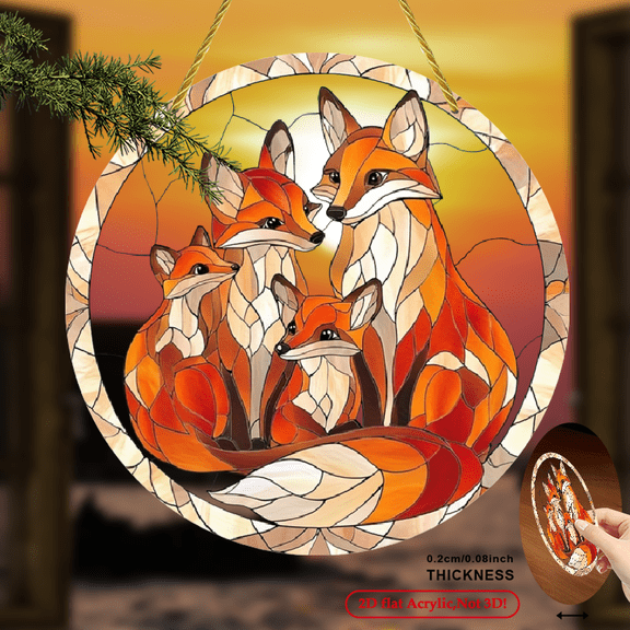 2D Flat, 1pc Fox Family Sun Catcher - Stained Glass Style Round Acrylic Wall Window Hanging Decor Vibrant Orange Fox Family Art for Living Room, Bedroom, Porch Holiday Decoration.8inch