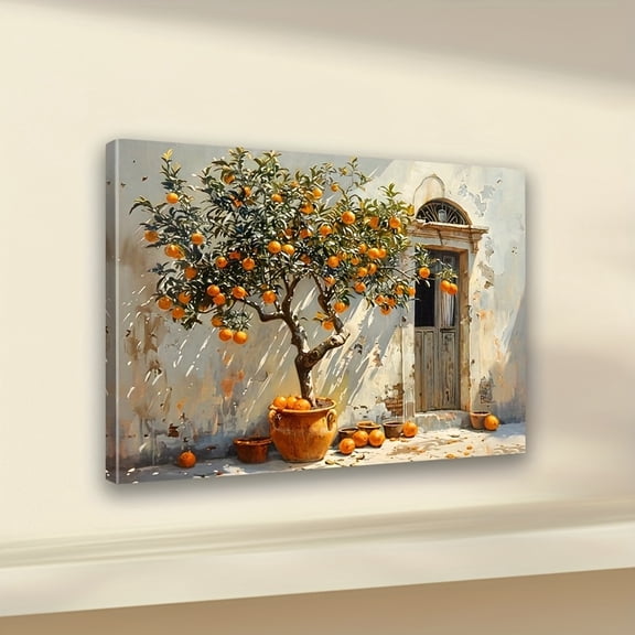 2D Flat, 1pc Framed Canvas Art of Vintage House with Orange Tree and Sunny Window, Rustic Still Life Oil Painting, Ideal for Home Decoration.