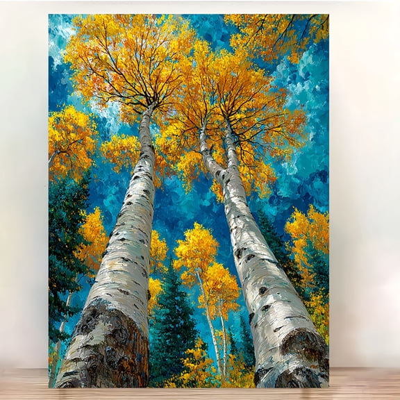 [2D Flat] 1pc Framed Canvas Print - Aspen Trees & Blue Skies Nature Wall Art, Vibrant Autumn Forest Scene with Yellow Leaves, High-Quality Canvas Material