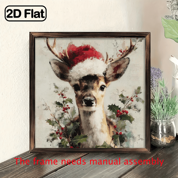 2D Flat, 1pc Framed Christmas Deer Wall Art with Santa Hat Holly - Rustic Farmhouse Style Irregular Shape Wood Wood Painting, Golden-Toned Frame for Winter Holiday Dcor - Deer Picture 8*8in