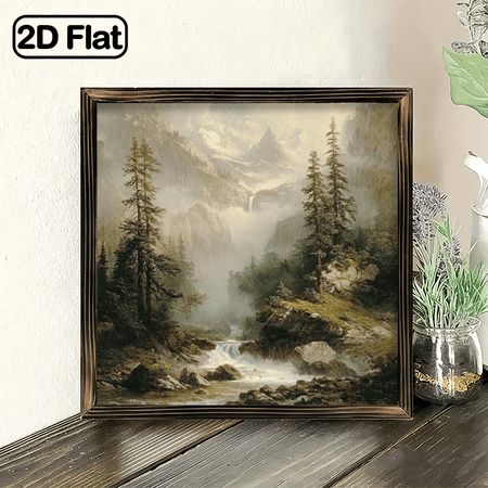 2D Flat - 1pc Framed Wall Art - Majestic Mountain Landscape with Lush Forest and Serene River, Wooden Frame, Perfect for Home Decor and Summer Themes, Nature-Inspired Decor Rustic Wall Art Framed,