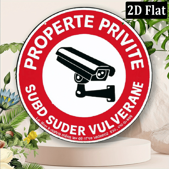 2D Flat, 1pc French Security Warning Metal Sign - Red White 8x8 Inch Aluminum Sign with Proprit Prive Surveillance Camera Symbol, No Electricity Needed for Parks, Street Walls, Private Property