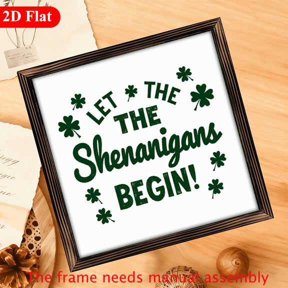 2D Flat 1pc Funny Let The Shenanigans Begin Sign - St Patrick's Day Irish Wall Decor with Wood Frame, Framed Wood Plaque Suitable for St Patrick's, Irish-Themed Room Farmhouse Kitchen Decorations,