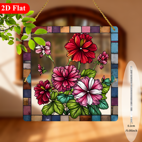 2D Flat, 1pc Geranium Flower Suncatcher - Cute Cartoon-Style Square Hanging Decor with Multicolor StainedEffect Window Panel, PinkRedGreenYellow Blooms for Home Garden, Christmas Birthday Gift