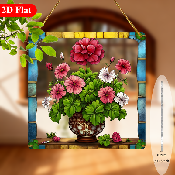 2D Flat, 1pc Geranium Flower Suncatcher Window Hanging Decor - 8-Inch Square Floral Ornament with Pink, Red, Green, Yellow, Orange, Purple, Golden - Lightweight Acrylic Window Decoration for Home