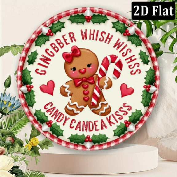 2D Flat, 1pc Gingerbread Wishes Theme Metal Sign - Festive Sweet Style - 8x8 Inch Aluminum Sign - 2D Flat - Perfect for Christmas Decor or Dessert Lovers