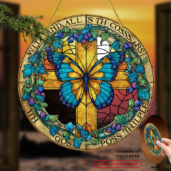 2D Flat 1pc With God All Things Are Possible Round Acrylic Suncatcher - Inspirational Stained Glass-Style Window Decor with Butterfly Cross Design, Perfect for Home, Kitchen, Garden