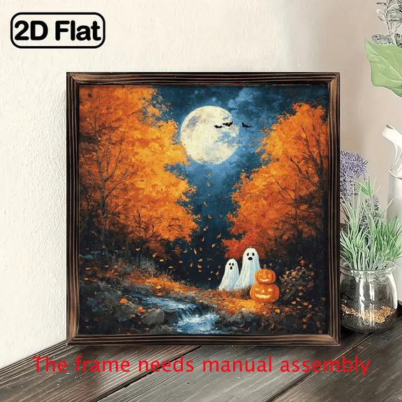 2D Flat, 1pc Golden Framed Halloween Wall Art Plaque - Spooky Ghosts, Jack-o'-Lantern Pumpkin, Full Moon Autumn Forest Scene - Bohemian Halloween Decor with Pre-Drilled Hanging Holes, 8*8in