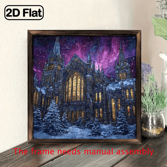 2D Flat - 1pc Gothic Castle Window Hanging Decoration Heavy-Duty Acrylic Suncatcher, Purple, Golden, Brown - No Electricity Needed, Victorian Gothic Style, 8x8 Inch Flat Panel Design for Home