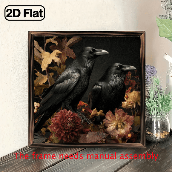 2D Flat, 1pc Gothic Ravens with Flowers Wood Framed Wall Art - 8x8 Inch Vintage Decorative Sign for Halloween, Living Room, Bedroom, Entryway - Rustic Gothic Aesthetic, Halloween Decor