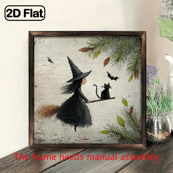 2D Flat - 1pc Gothic Witch Black Cat Halloween Wooden Sign - Vintage Aging Country Wall Art, 8x8 Inches Creepy Frame Decoration with Witch in Black Dress Broomstick, Decorative Sign, Plaque