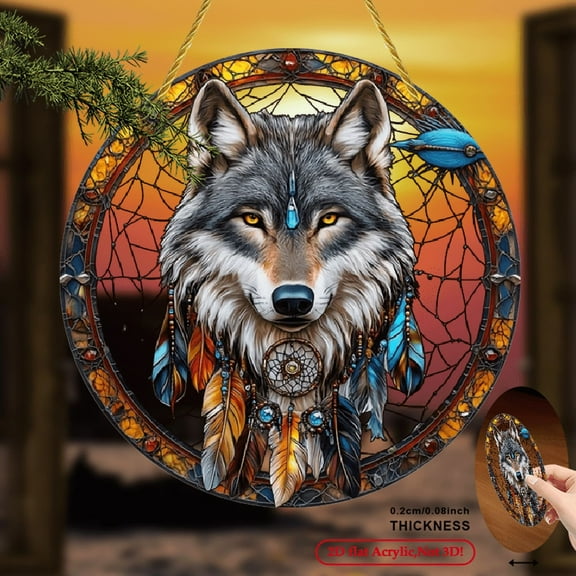 2D Flat, 1pc Gray Wolf Dream Suncatcher - Acrylic Wall Art with Vibrant Feathers Dreamcatcher Design, Nature-Inspired Home Decor for Living Room, Garden, Housewarming Gift for Animal  8*8inch